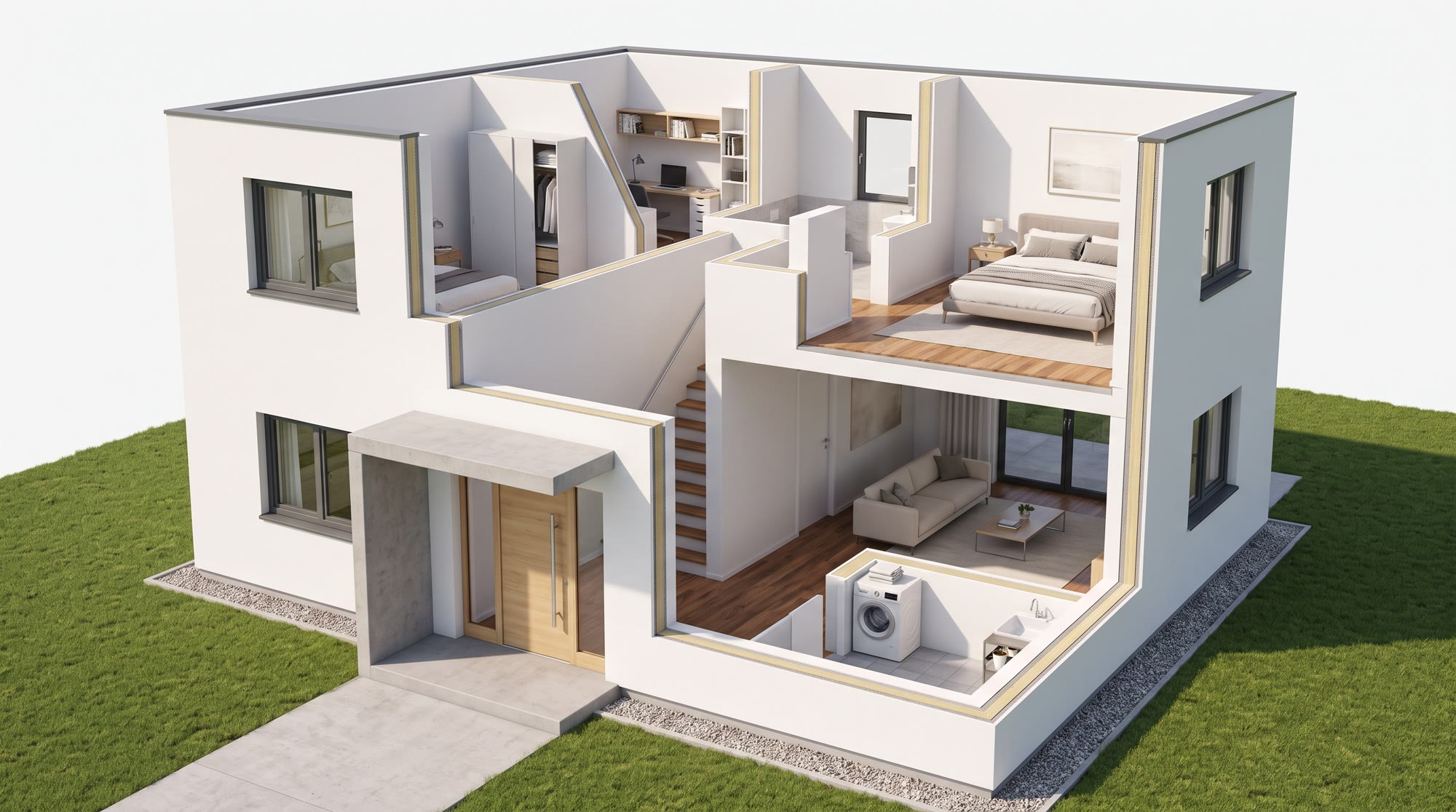 Schnittbild eines Einfamilienhauses mit markierten Positionen der Sicherheitssysteme